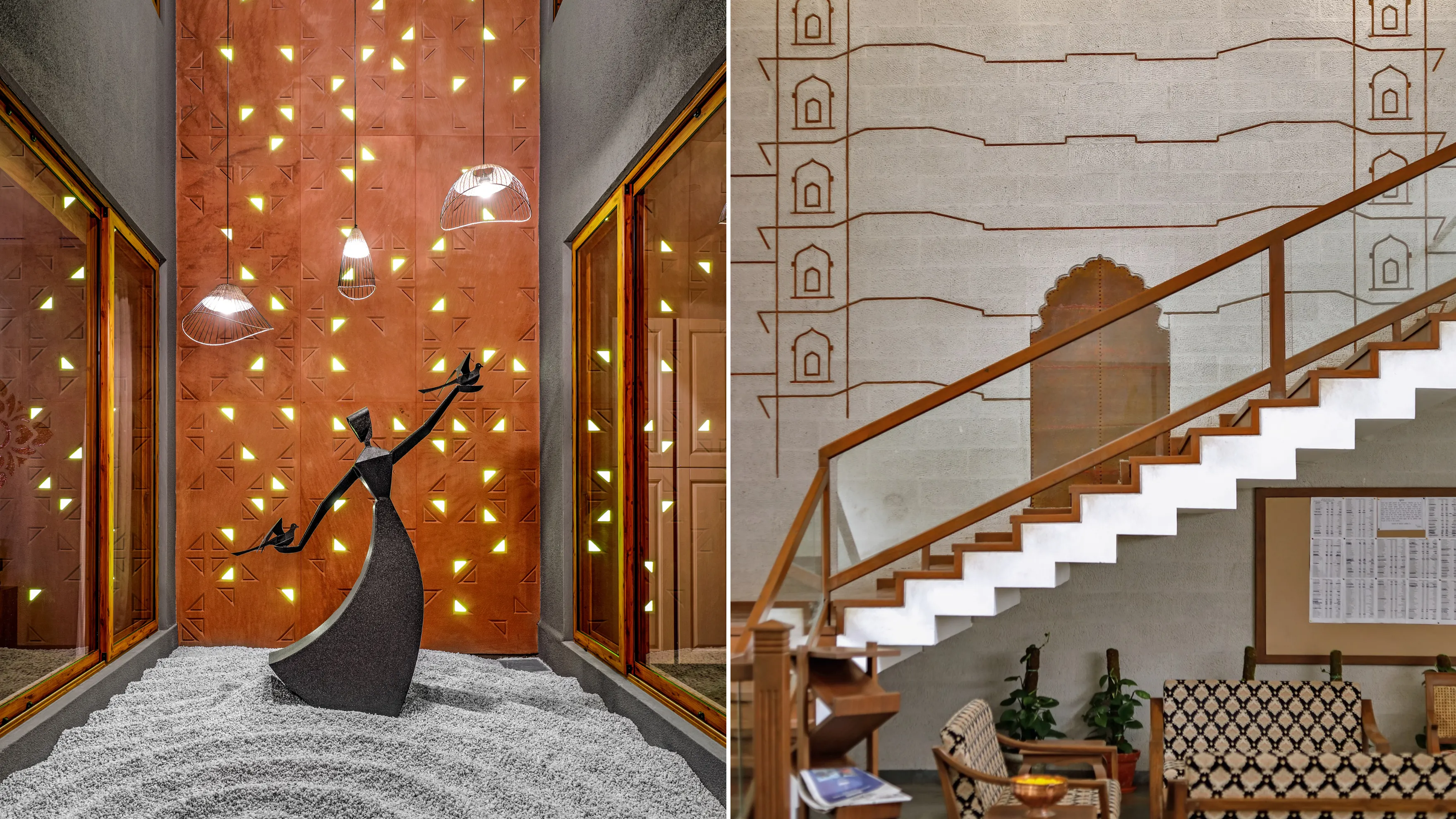 Finished interior with lighting, seating, and wall detail