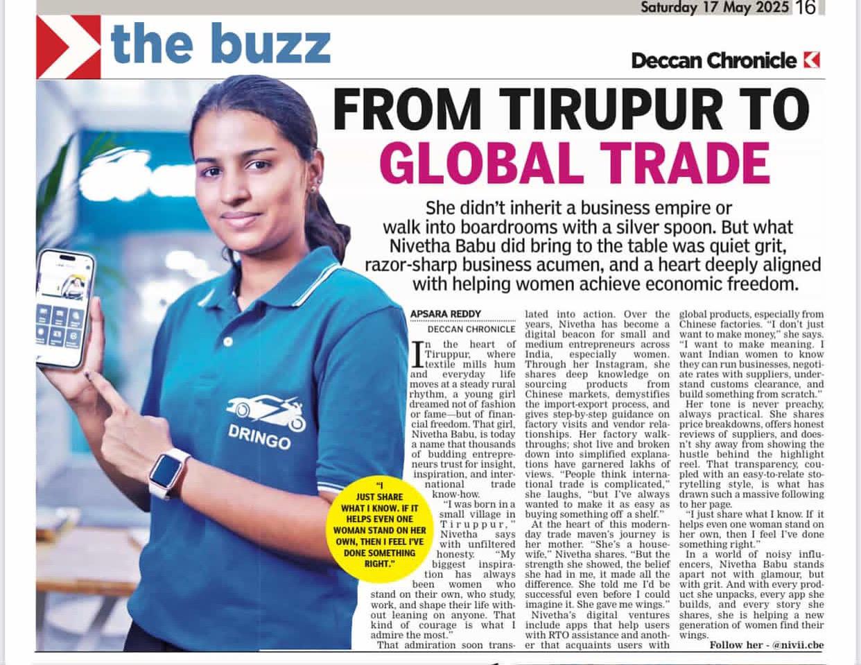 Deccan Chronicle feature, 17 May 2025: From Tirupur to Global Trade, a profile of Nivetha Babu